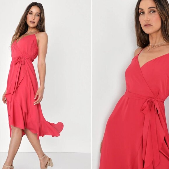 Lulu's 💗 Crinkle Faux Wrap Midi Dress – Size L (Gently Worn, No Tags) - Picture 2 of 6